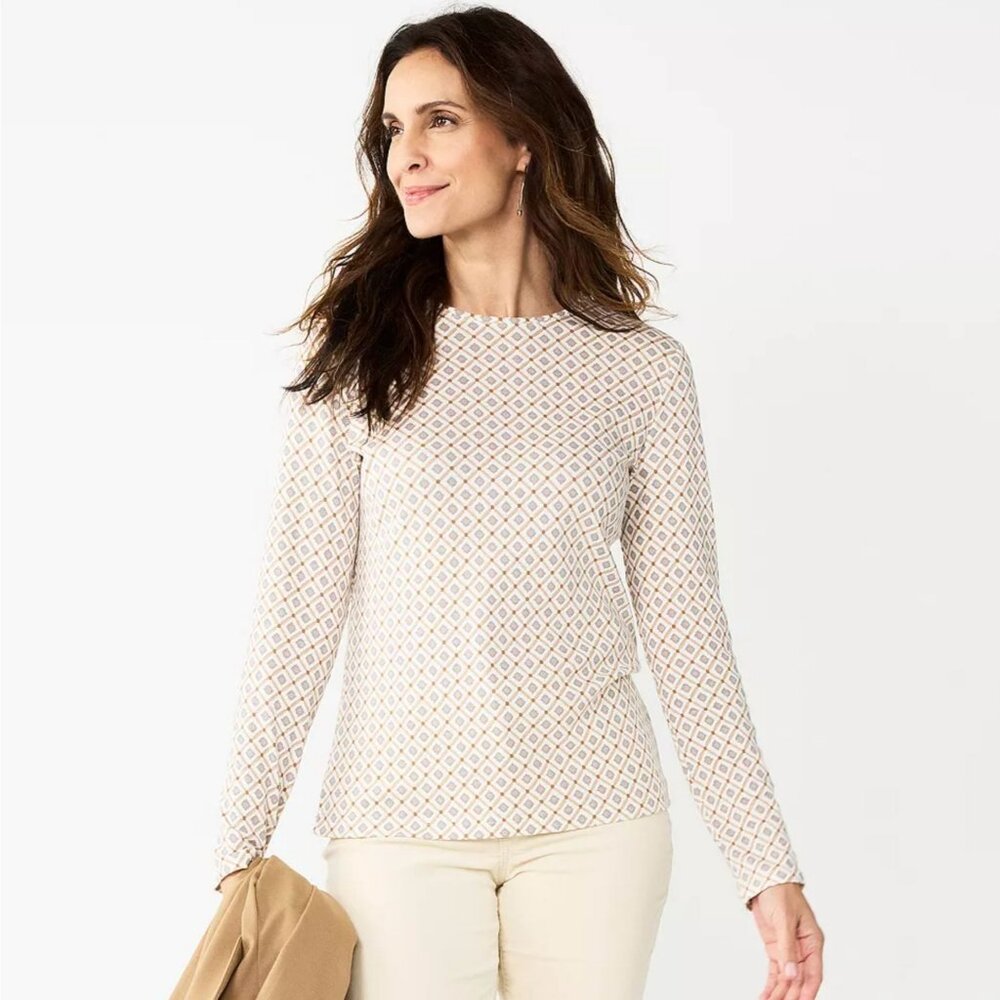 NWT Croft & Barrow Essential Crewneck Long Sleeve Tee XL Tan Geo Print T-Shirt